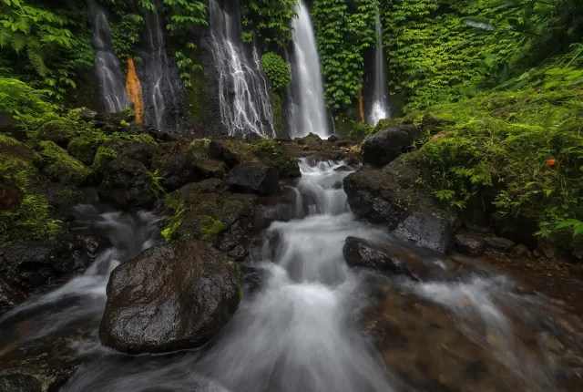 Trio waterfall, munduk area, bali, indonesia