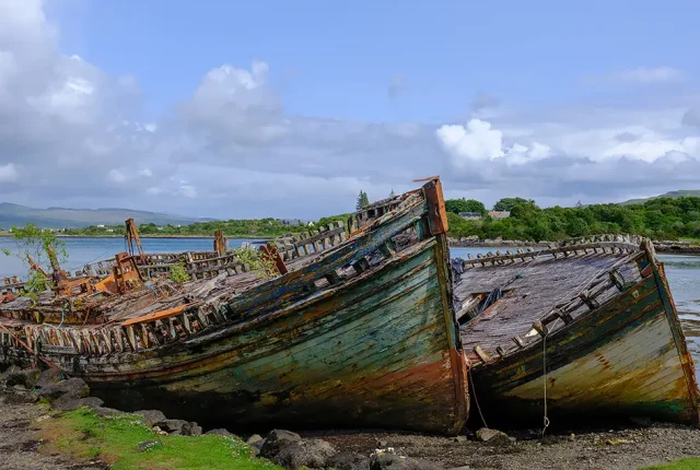 Wrecks on the shore, salen, isle of mull, scotland